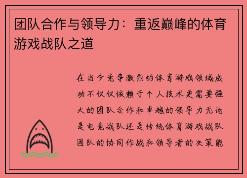 团队合作与领导力：重返巅峰的体育游戏战队之道